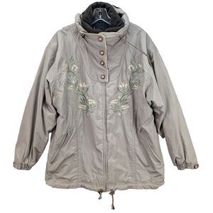 Bogner Ski Jacket Womens 12 Beige Floral Embroidery Hidden Hood Full Zip Vintage